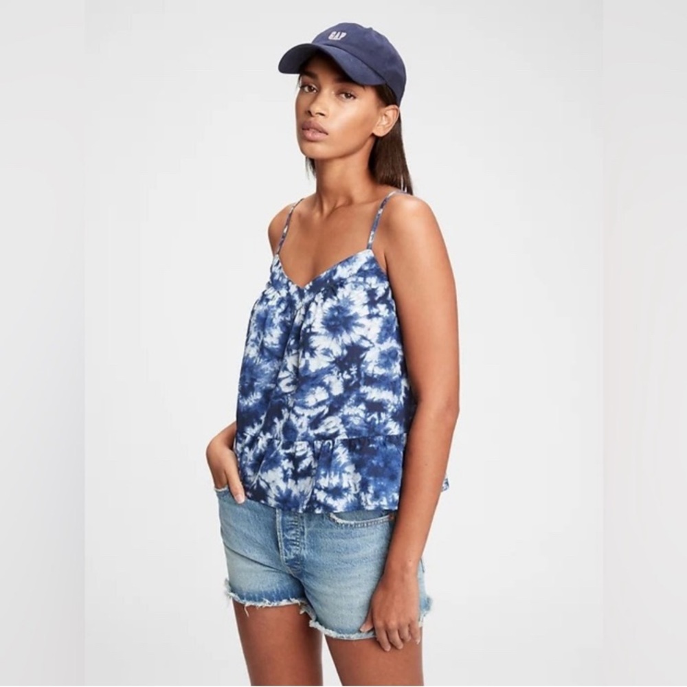 GAP boho festival blue tie dye cotton swing peplum cami top M